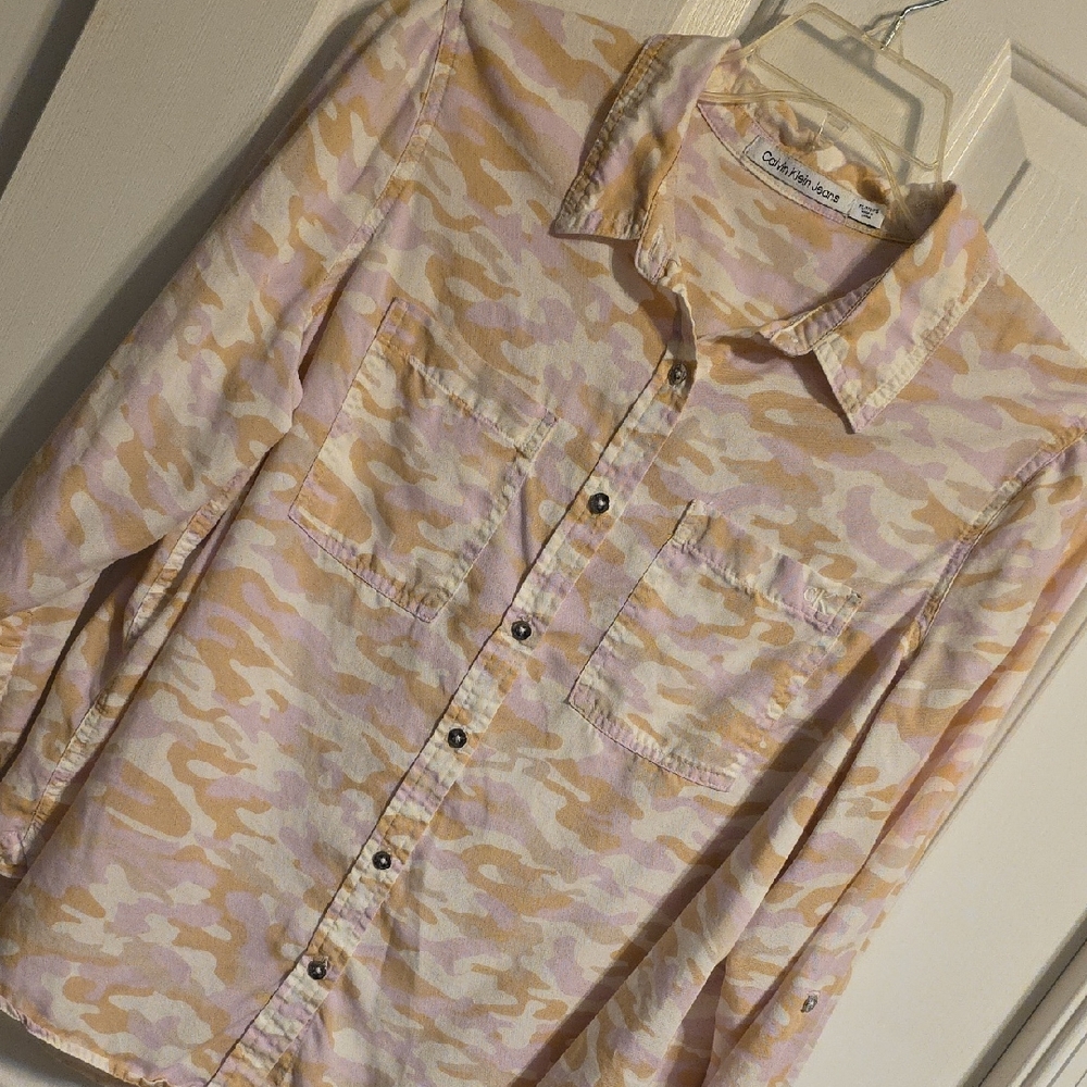 Calvin Klein Pink and Tan Camouflage Button-Down Shirt